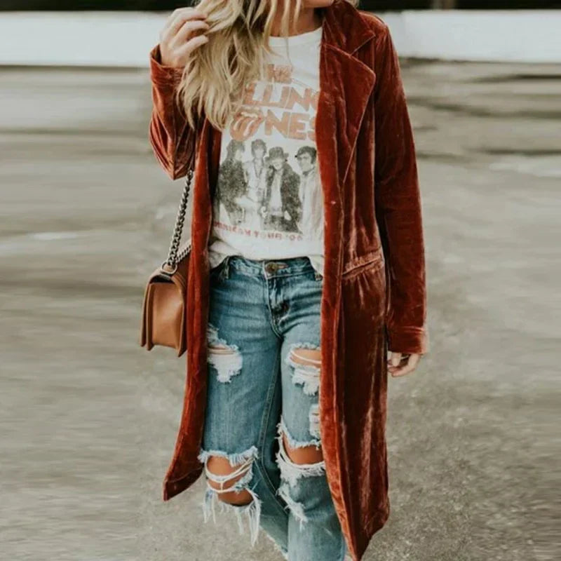 Velvet long duster cardigan for women. A versatile layering piece, ideal for spring and fall style.