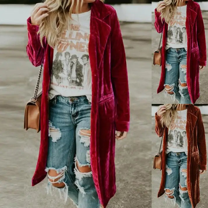 Open front velvet duster for women. Loose fit, comfortable and stylish for daily casual outerwear.