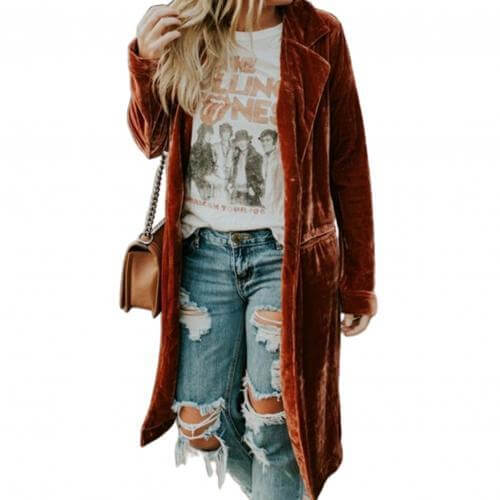 Women's elegant long duster cardigan. Luxurious velvet, perfect for fall, winter & spring chic style.
