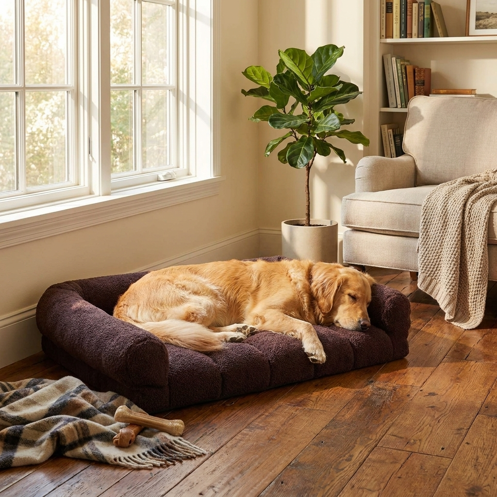 Large orthopedic bolster cat bed with soft headrest support, ideal for joint pain relief and cozy winter comfort.