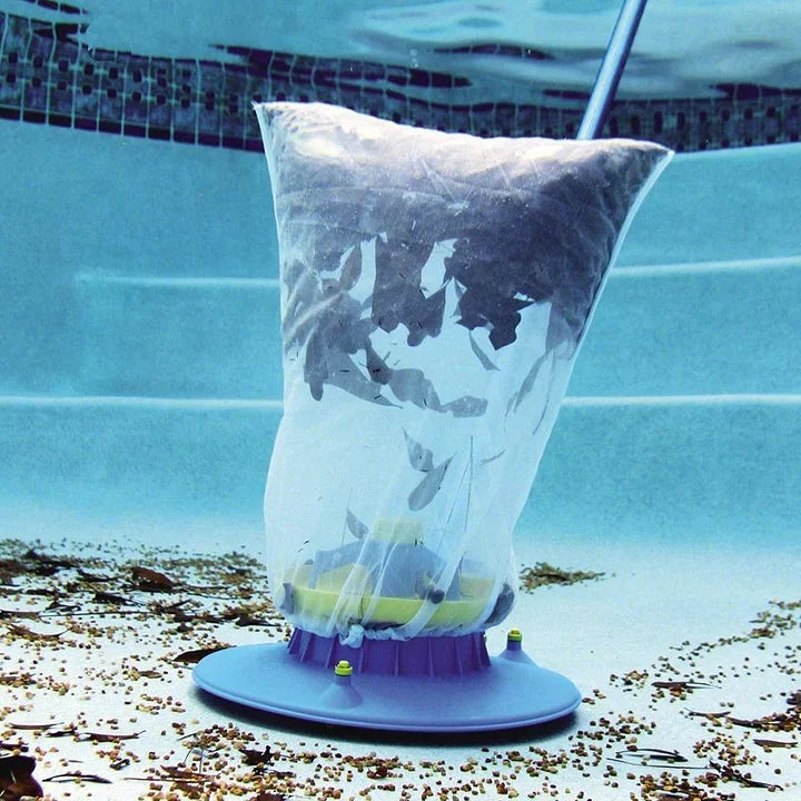 "Large pool leaf vacuum for inground and above ground pools, ultra-light, removes debris, connects to standard pool pole."