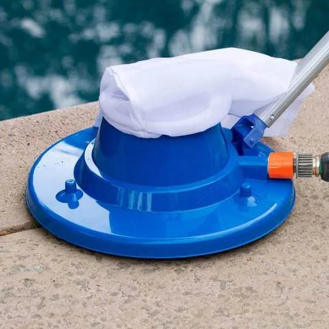 "Large pool leaf vacuum for inground and above ground pools, ultra-light, removes debris, connects to standard pool pole."