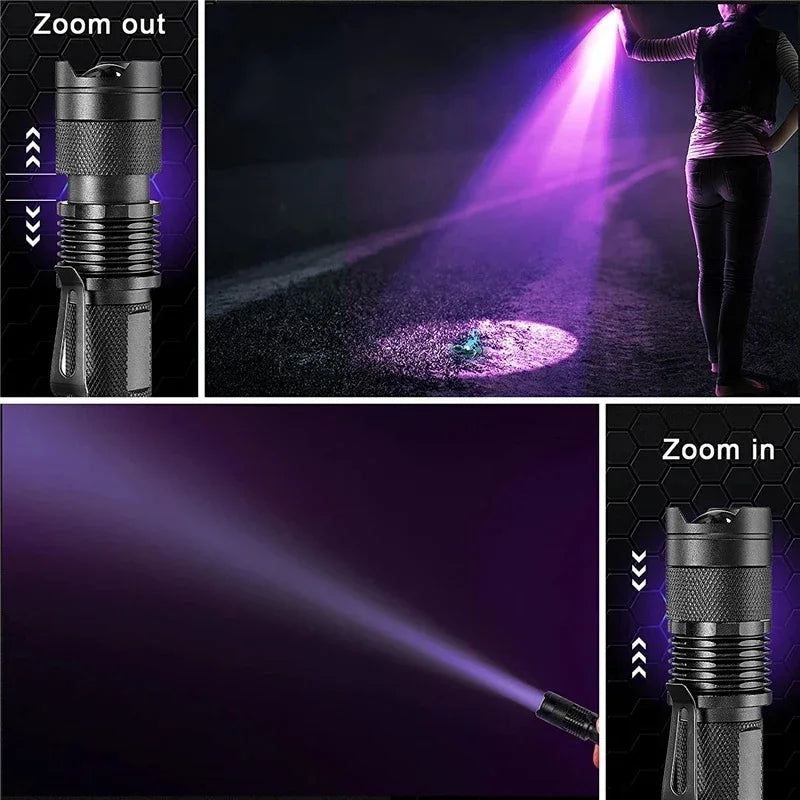 Blacklight UV flashlight for identifying hidden pet urine, invisible stains, and unhygienic spots during home cleaning.