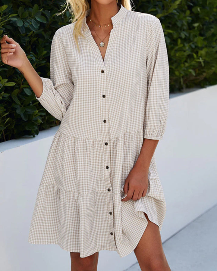 Casual women's long sleeve A-line dress. Lightweight checked summer dress, versatile and chic.