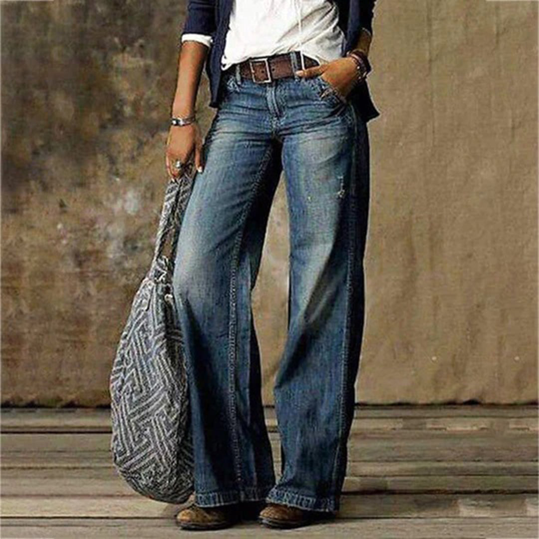 Grey women's high-waisted wide-leg denim jeans, comfortable fashion