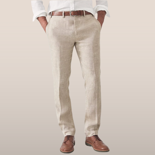 Light gray men's lightweight summer dress pants, tailored fit for versatile warm weather style.