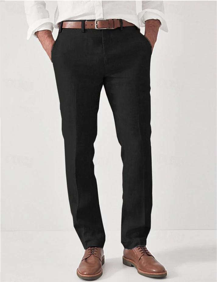 Beige men's lightweight summer dress pants, tailored for comfort and effortless warm weather style.