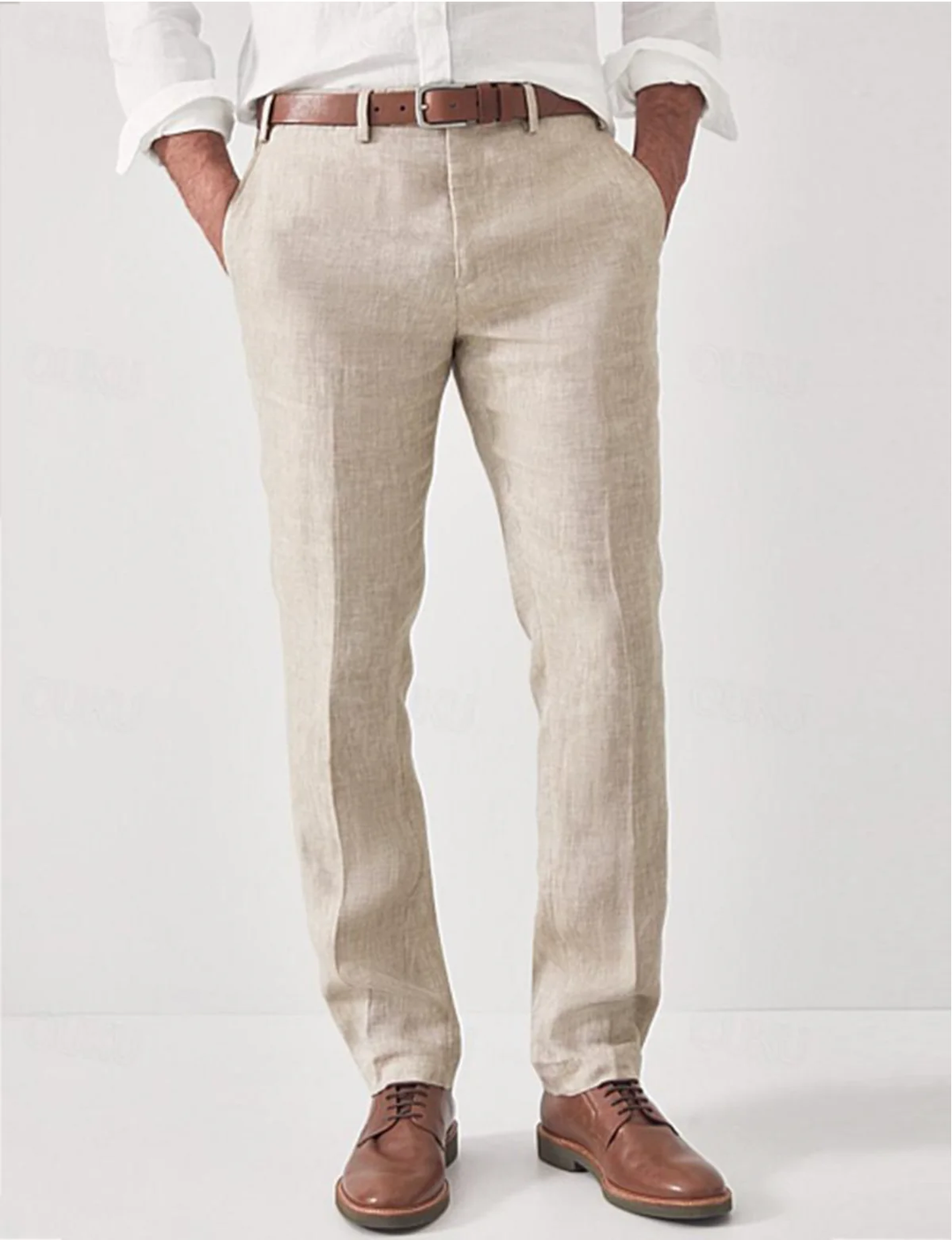 Versatile men's lightweight summer dress pants in a light fabric, perfect for warm weather fashion.
