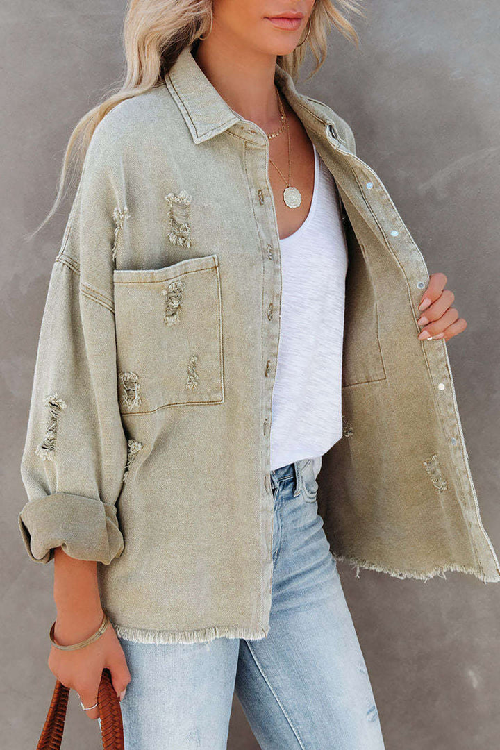 Rebellious women's light green distressed denim jacket, perfect stylish outerwear for everyday fashion.