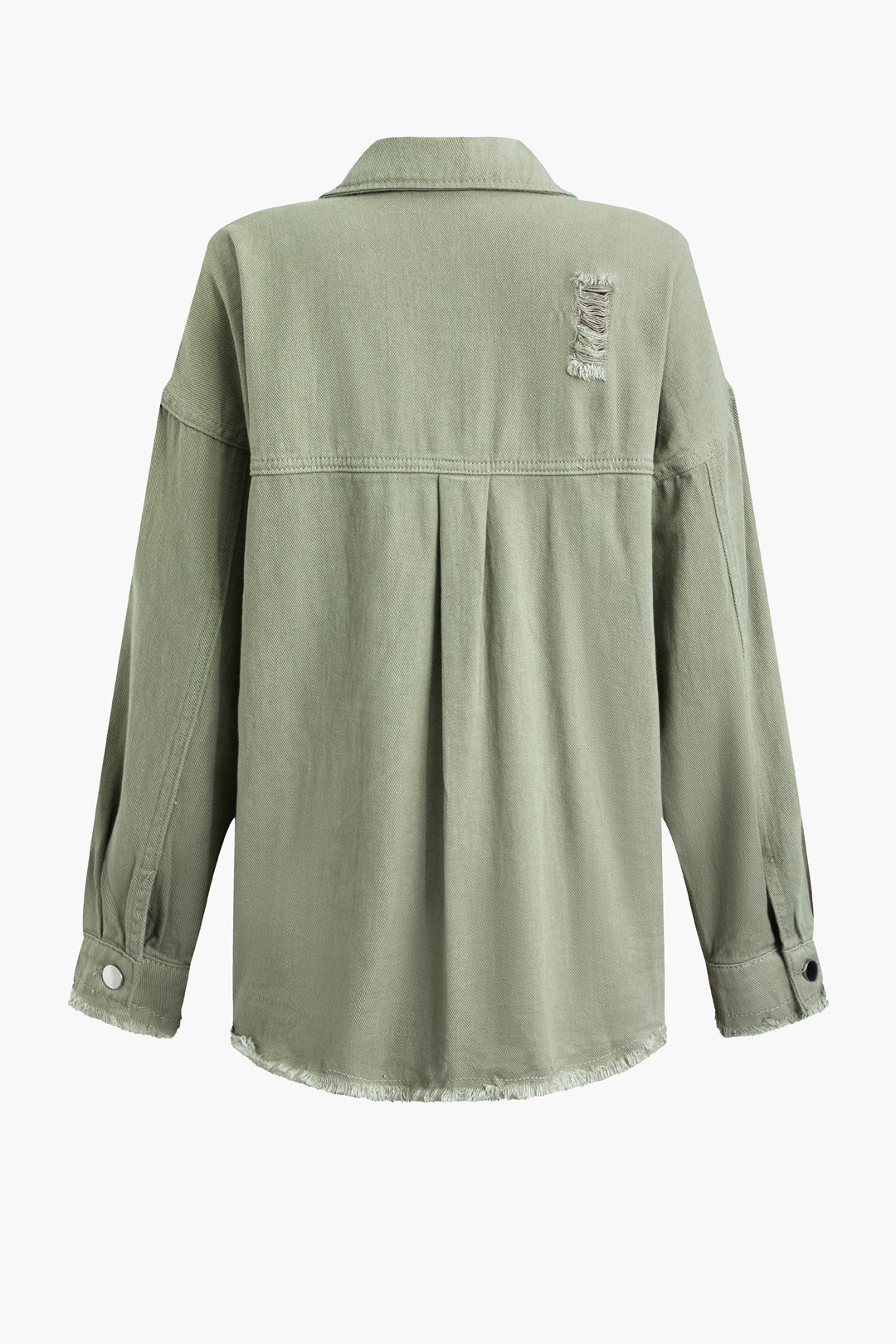 Close-up of a women's light green distressed denim jacket, showcasing unique rips and an oversized fit.