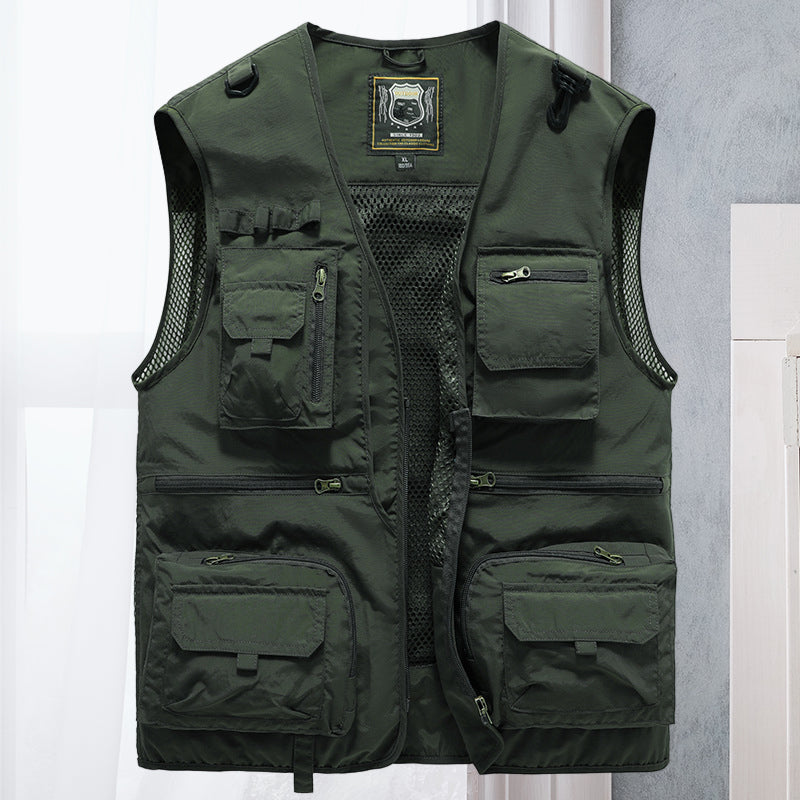 Sleeveless men's hiking vest, lightweight with many pockets for essentials on trails.