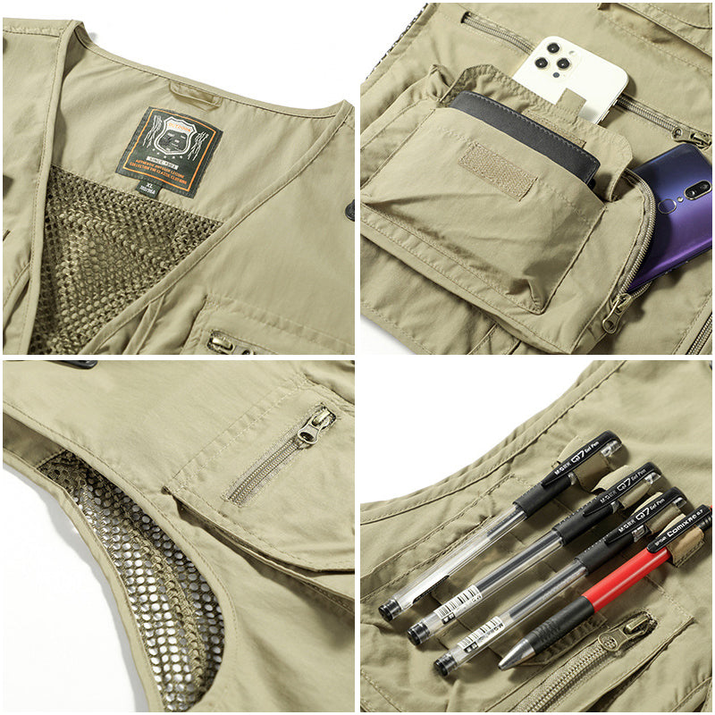 Durable men's outdoor vest, perfect for fishing, hiking, and everyday utility with ample storage.
