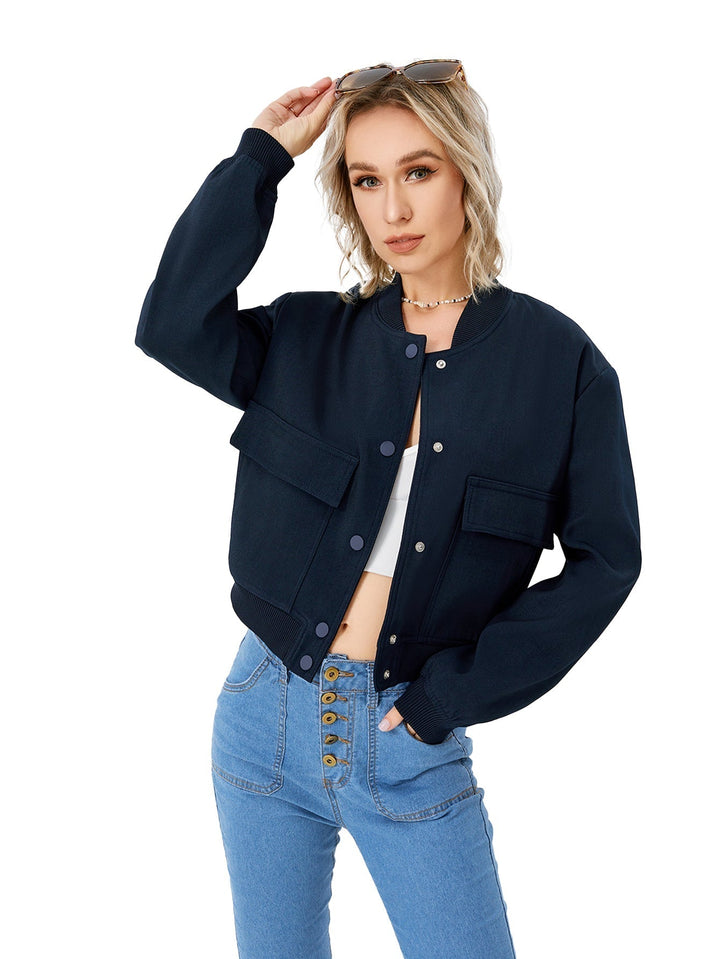 Lightweight women's button-front bomber jacket in urban style, perfect for casual spring & fall transitional outerwear.