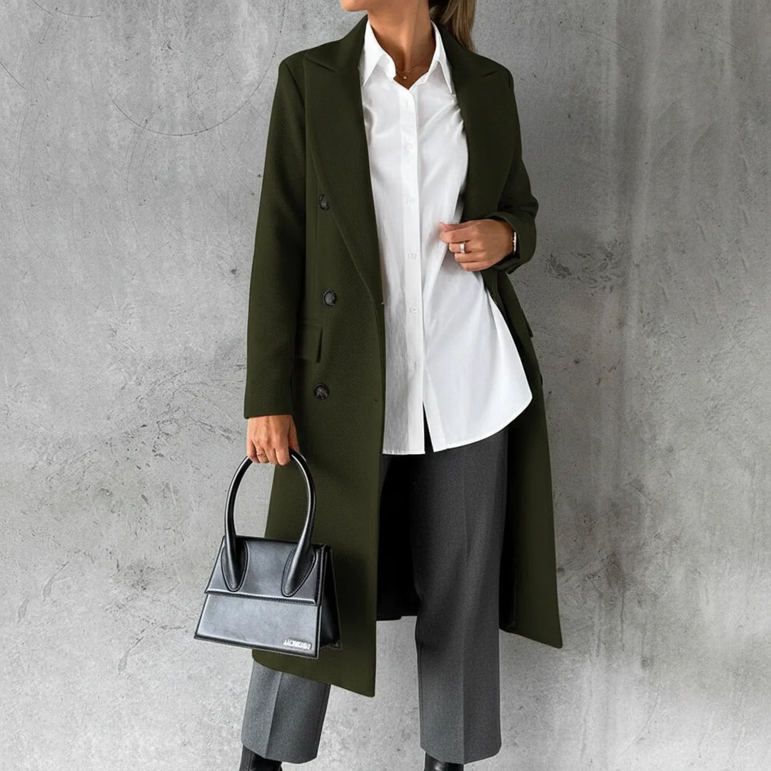 Warm women's elegant double-breasted long coat, ideal for sophisticated winter and fall outdoor style.