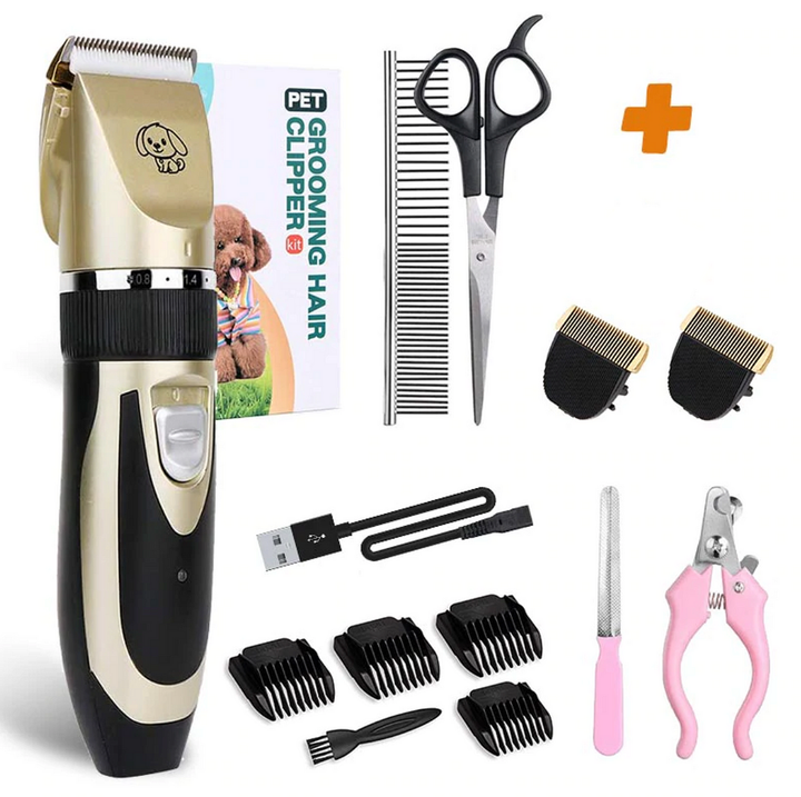 Low noise ergonomic pet grooming clipper for dogs and cats with adjustable blades, designed for quiet, stress-free grooming.