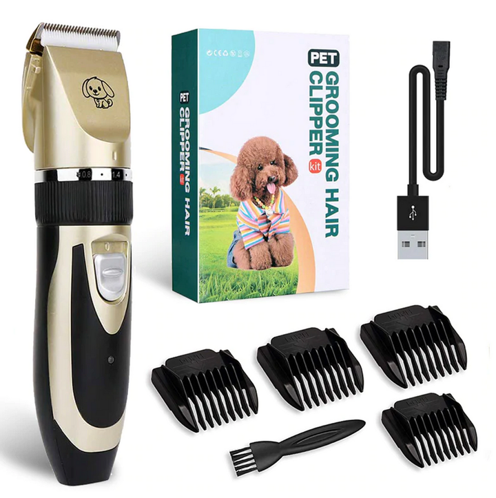 Low noise ergonomic pet grooming clipper for dogs and cats with adjustable blades, designed for quiet, stress-free grooming.