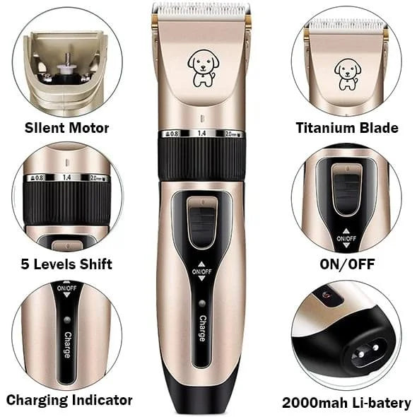 Low noise ergonomic pet grooming clipper for dogs and cats with adjustable blades, designed for quiet, stress-free grooming.