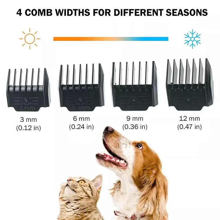 Low noise ergonomic pet grooming clipper for dogs and cats with adjustable blades, designed for quiet, stress-free grooming.