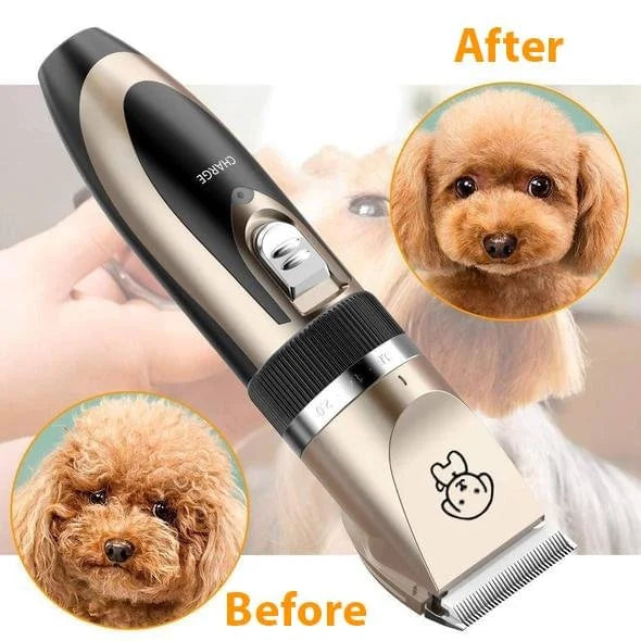 Low noise ergonomic pet grooming clipper for dogs and cats with adjustable blades, designed for quiet, stress-free grooming.
