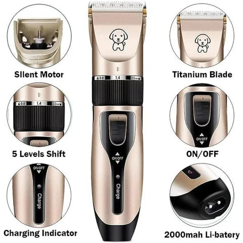 Low noise ergonomic pet grooming clipper for dogs and cats with adjustable blades, designed for quiet, stress-free grooming.