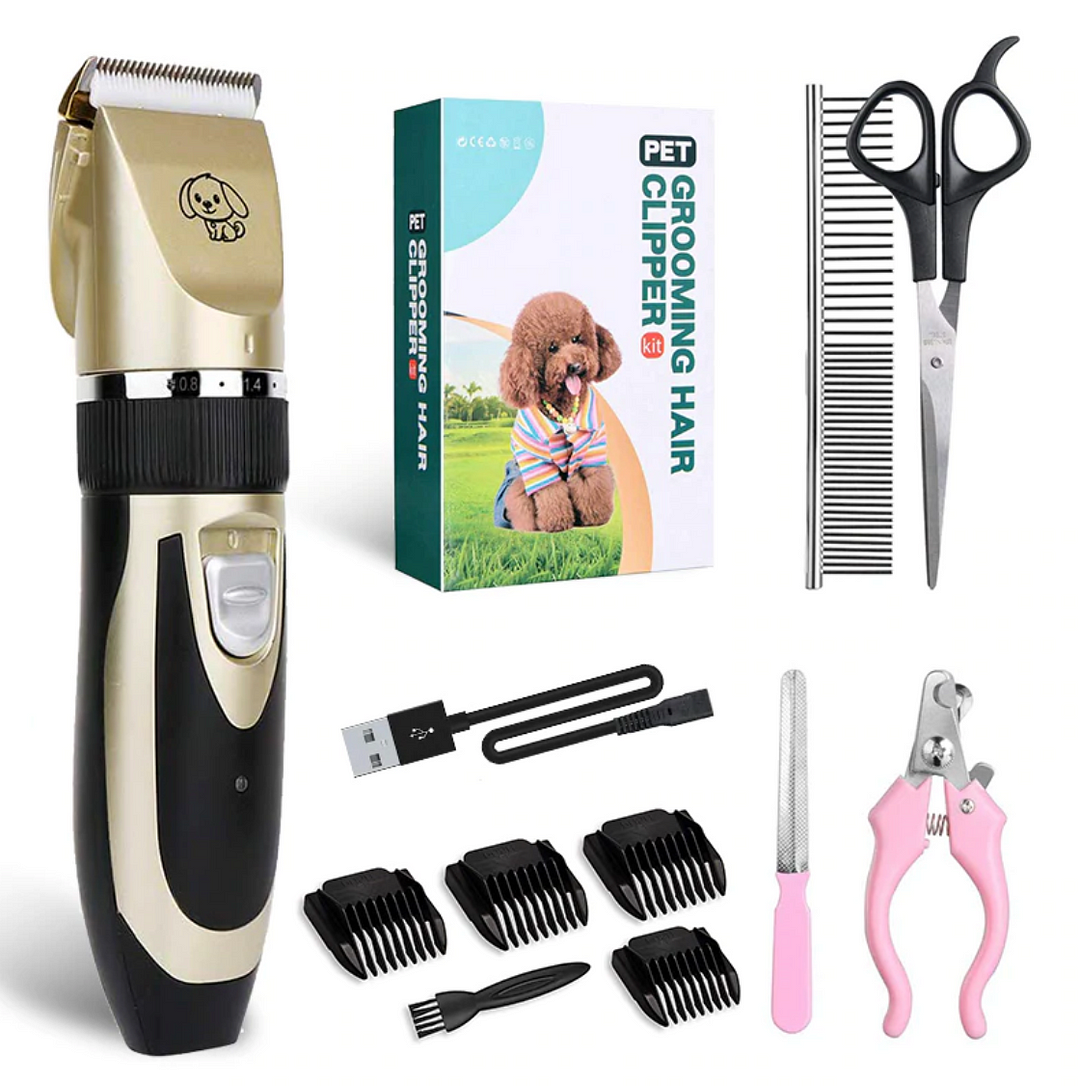 Low noise ergonomic pet grooming clipper for dogs and cats with adjustable blades, designed for quiet, stress-free grooming.