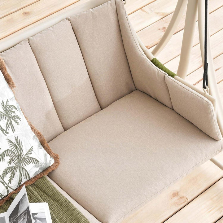 Durable beige 2-seater outdoor patio swing, weather-resistant steel frame with soft cushions.