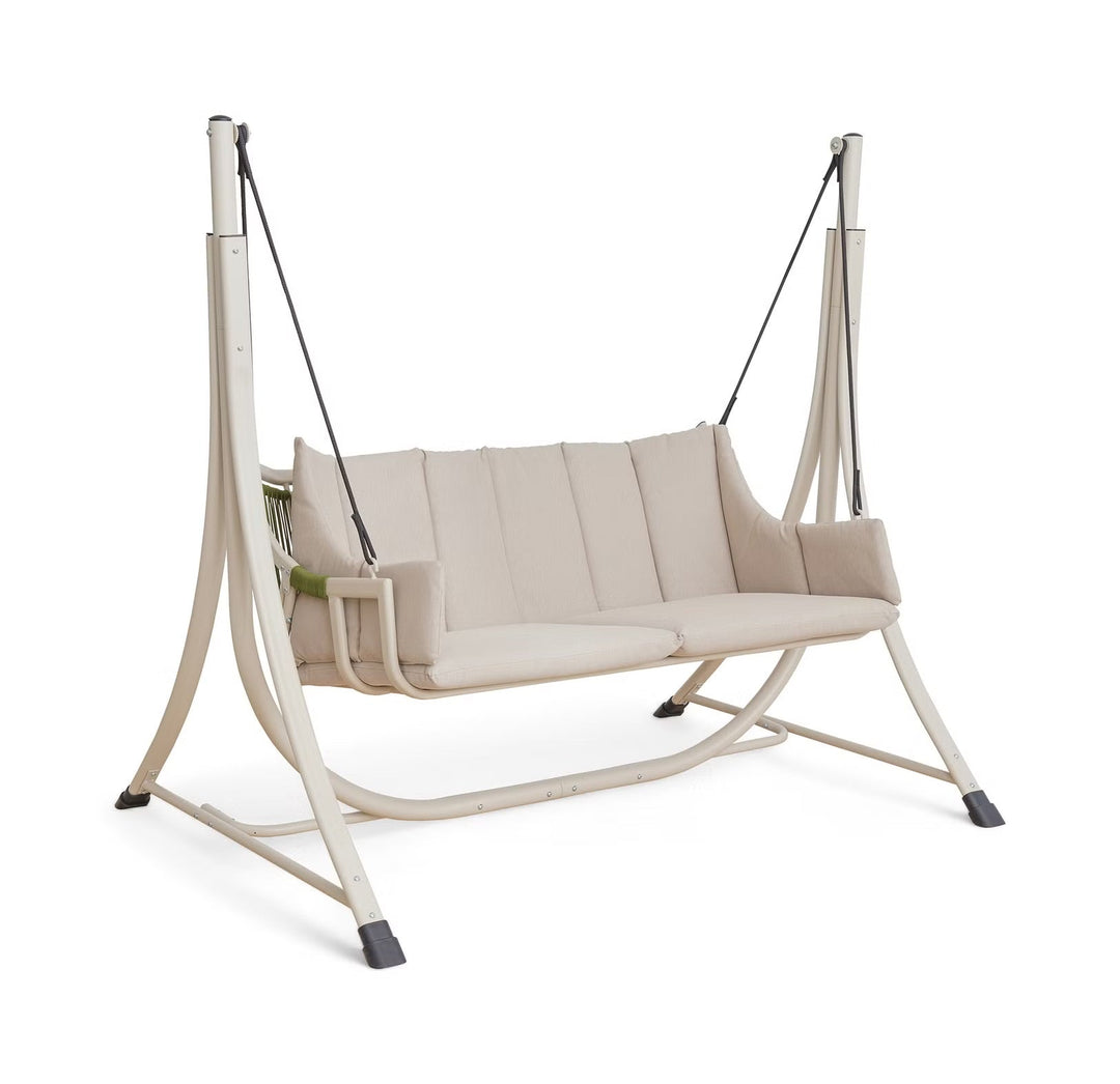 Comfortable beige 2-seater patio swing, ideal outdoor seating for garden relaxation and leisure.