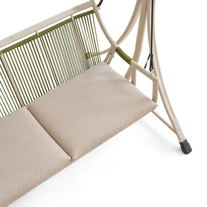 Spacious beige 2-seater outdoor swing featuring soft cushions and robust, weather-resistant design.