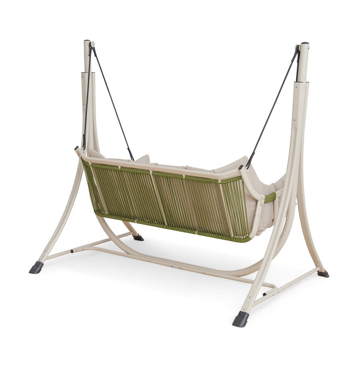 Two-person beige patio swing with soft, comfortable cushions for your outdoor garden seating area.