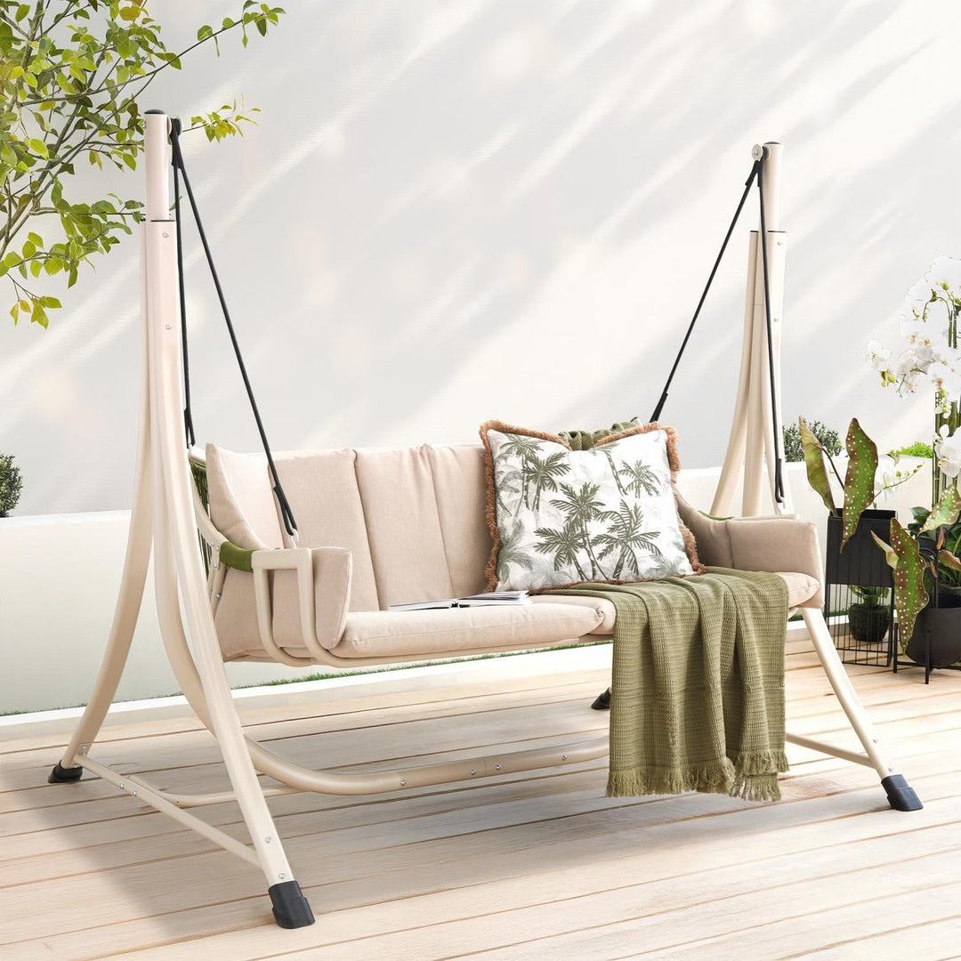 Modern beige 2-seater outdoor swing with weather-resistant features and comfortable soft cushions.