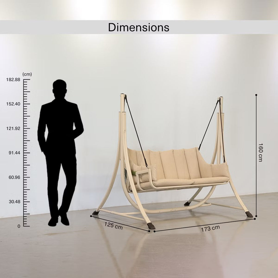 Relaxing beige 2-seater garden swing with soft cushions, perfect for outdoor patio unwinding.