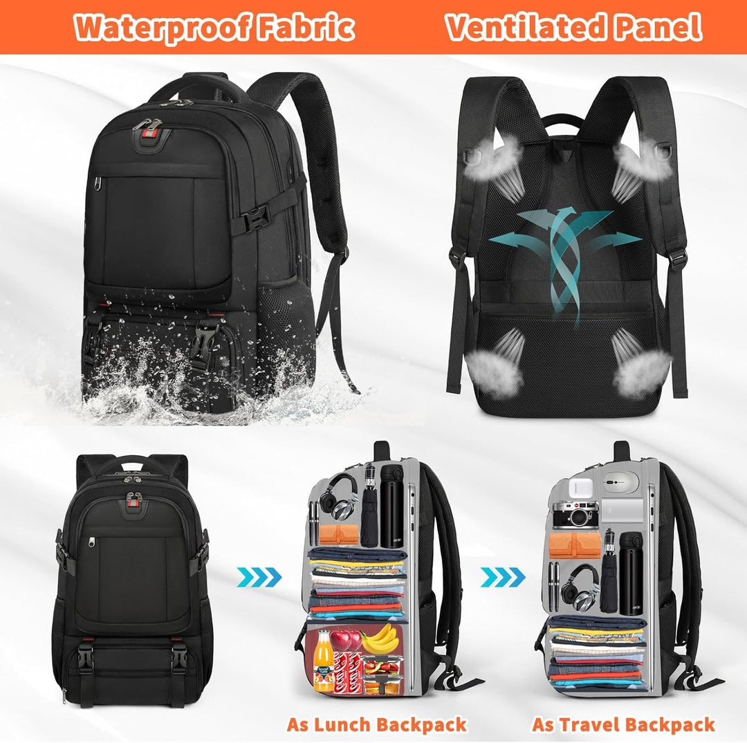 50L travel laptop backpack with an insulated food compartment, USB port. Unisex, water-resistant, ideal for long trips.