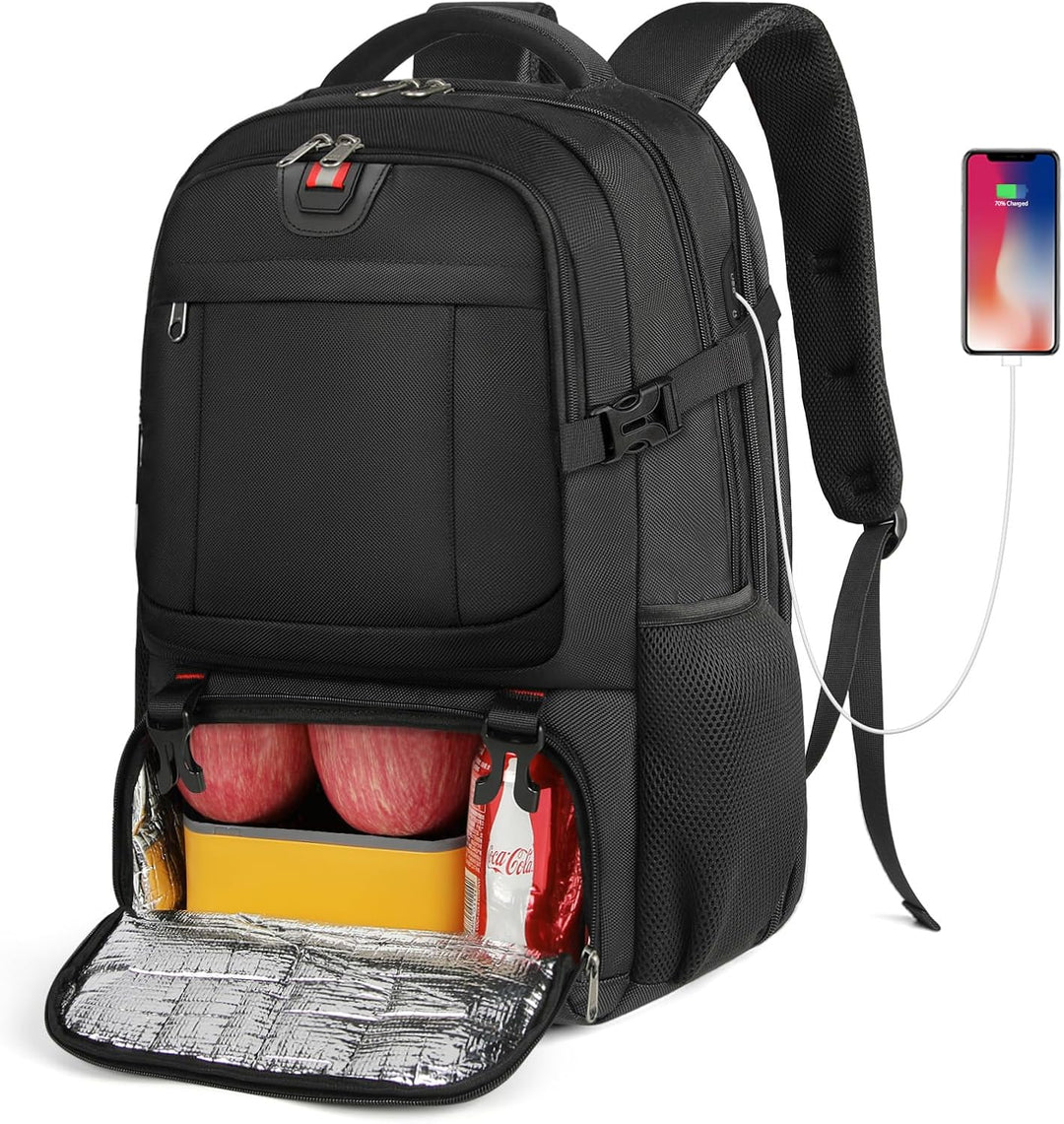 Durable 50L unisex travel laptop backpack. Anti-theft, water-resistant, with insulated compartment & USB charging for trips.