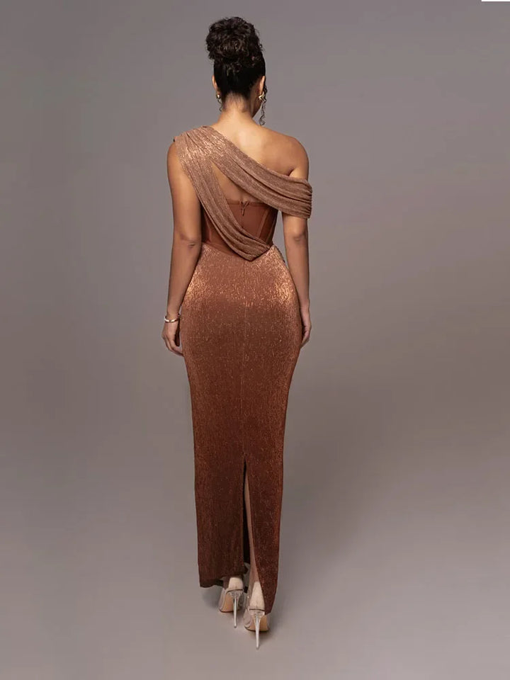 Elegant women's one-shoulder evening gown. A luxurious maxi dress perfect for formal parties & special events.