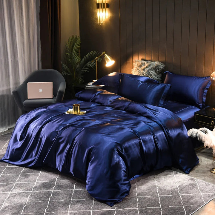 Luxurious satin bedding set, silky smooth for ultimate comfort & elegant bedroom style.