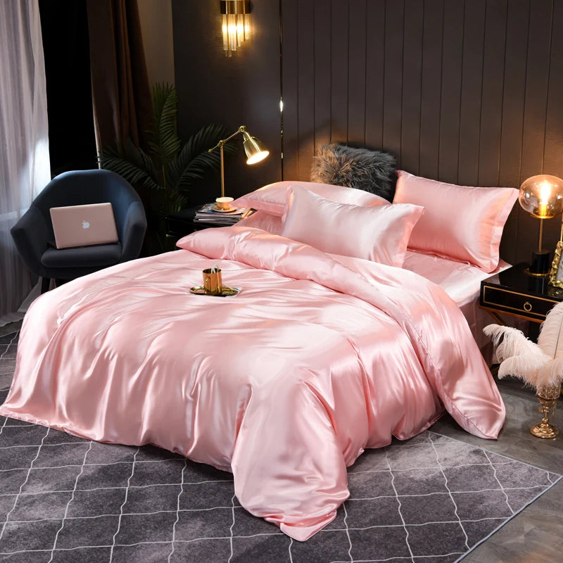 Silky smooth satin bed linen set in a solid color, offering luxurious comfort and elegant style.