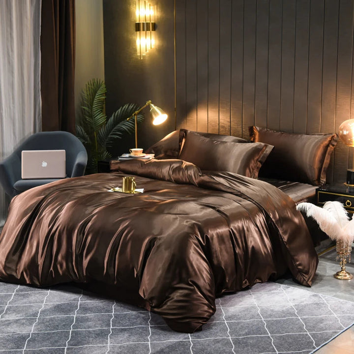 Premium luxury satin bedding set for an elegant bedroom, featuring silky sheets and ultimate comfort.