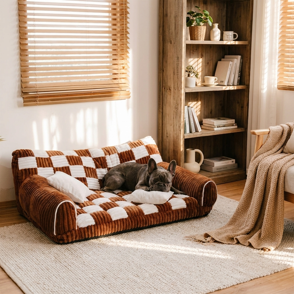 Luxury orthopedic dog sofa bed, vintage chessboard style. Plush comfort for large dogs, with a washable removable cover.