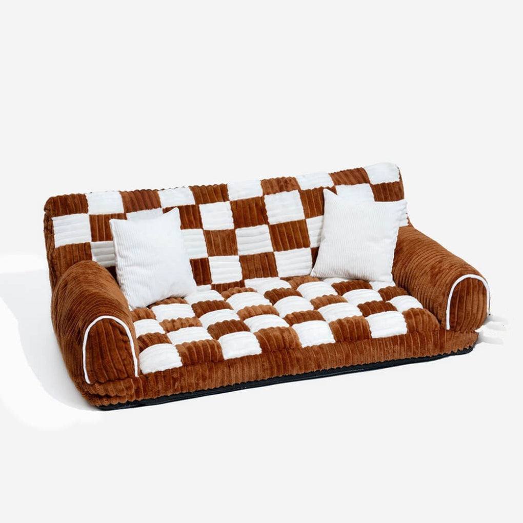 Gray & brown vintage chessboard orthopedic dog bed. Plush pet sofa for large dogs, anti-slip bottom & washable cover.