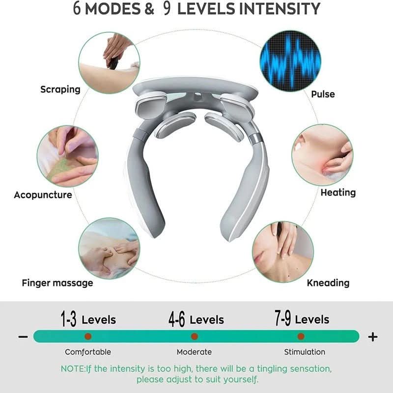 Wireless neck and back massager with heat function. Ideal for home, office or travel relaxation.