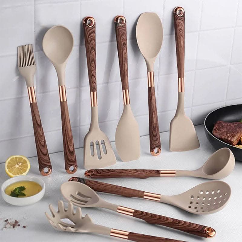 Premium 10-piece silicone kitchen utensil set with wood handles for cooking, baking, and nonstick cookware.