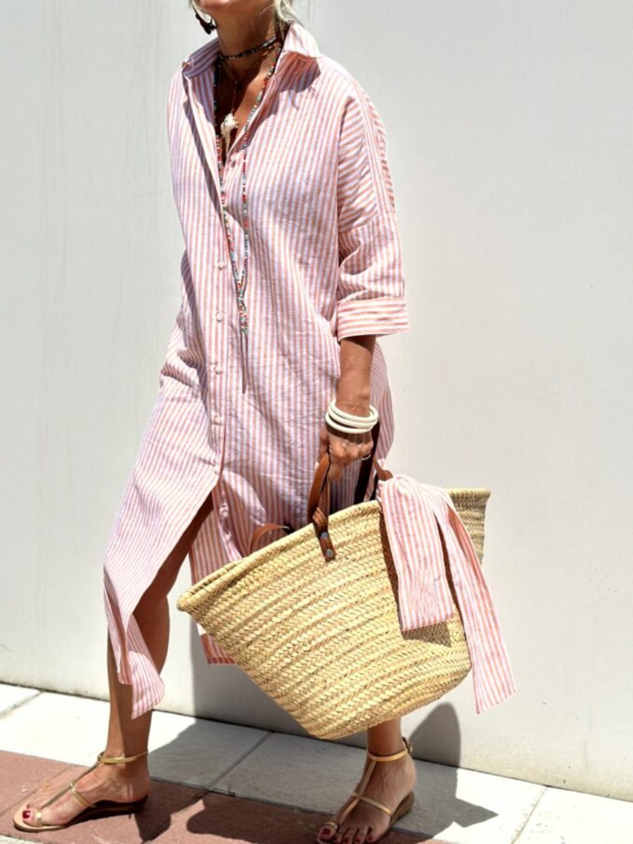Women's striped button-front midi shirt dress, relaxed fit, perfect for casual summer wear.
