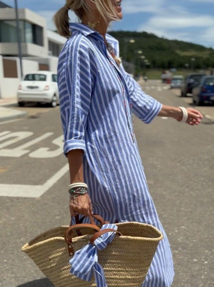 Relaxed fit women's striped midi shirt dress, button-front, ideal for vacation, beach, or everyday casual.