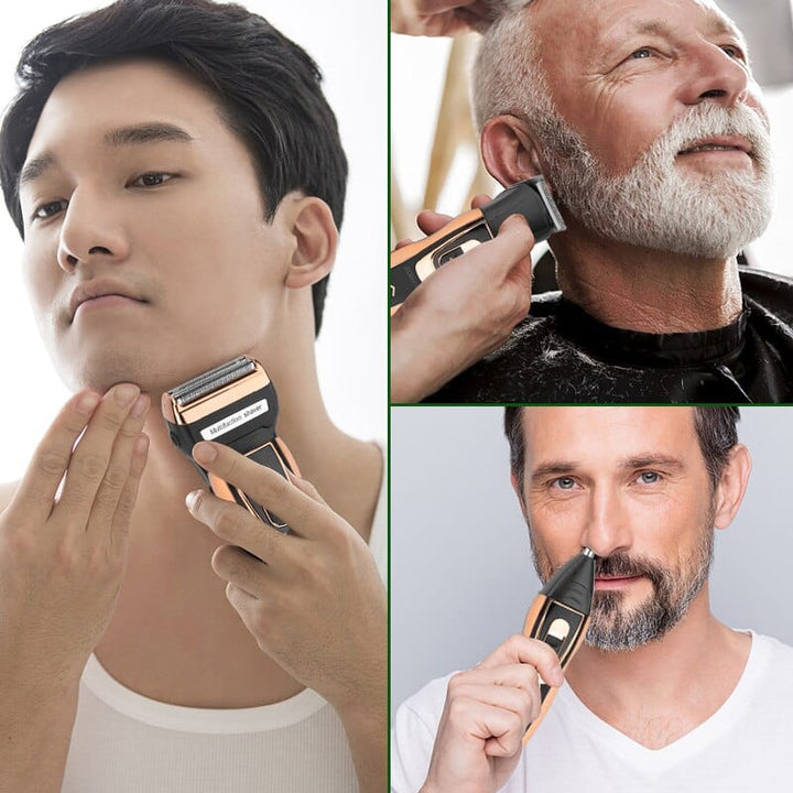 Rechargeable electric shaver kit with beard & nose hair trimmer for pain-free men's grooming & precise trimming.