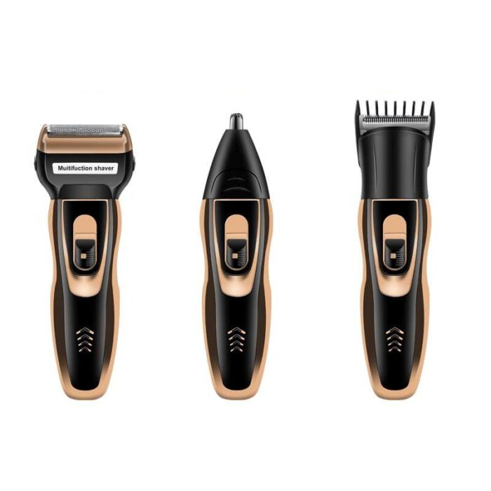 Portable electric shaver & trimmer kit for men, ideal for travel grooming, features precise beard and facial hair trimming.