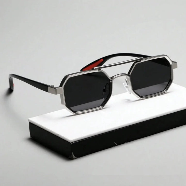 Men's angular frame sunglasses with UV protection, metallic frame, and dark lenses for fashion eyewear.