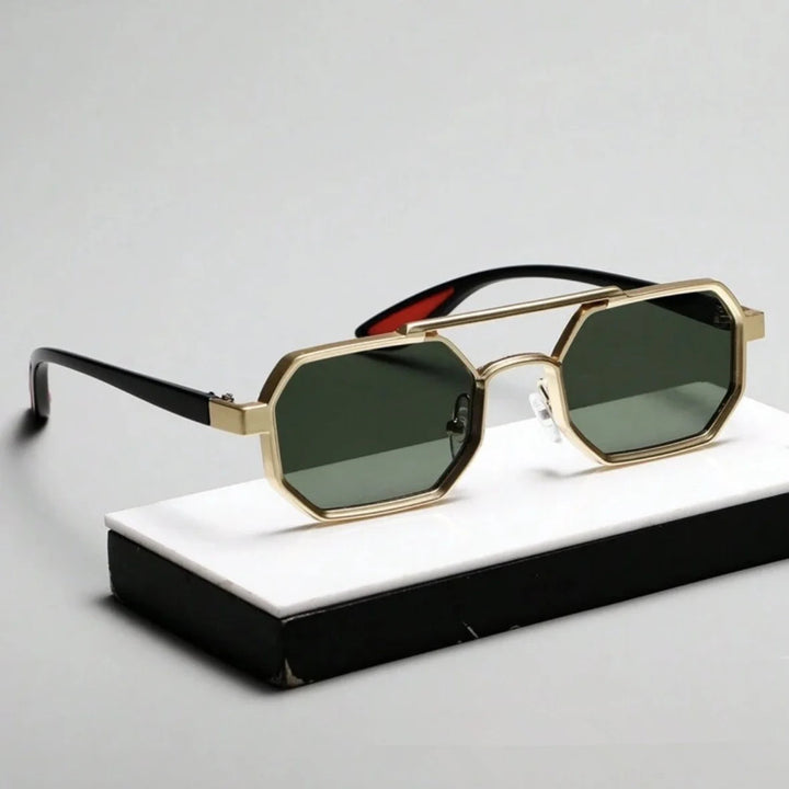 Close-up of men's angular frame sunglasses, showcasing UV protection and metallic detailing.