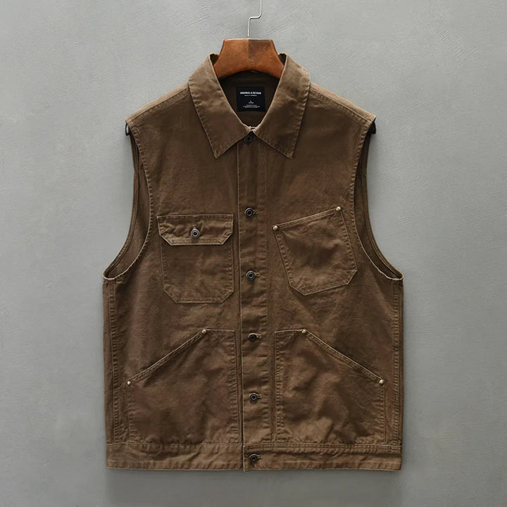 Men's apricot cotton workwear vest, heavyweight utility style, front view, perfect for layering fashion