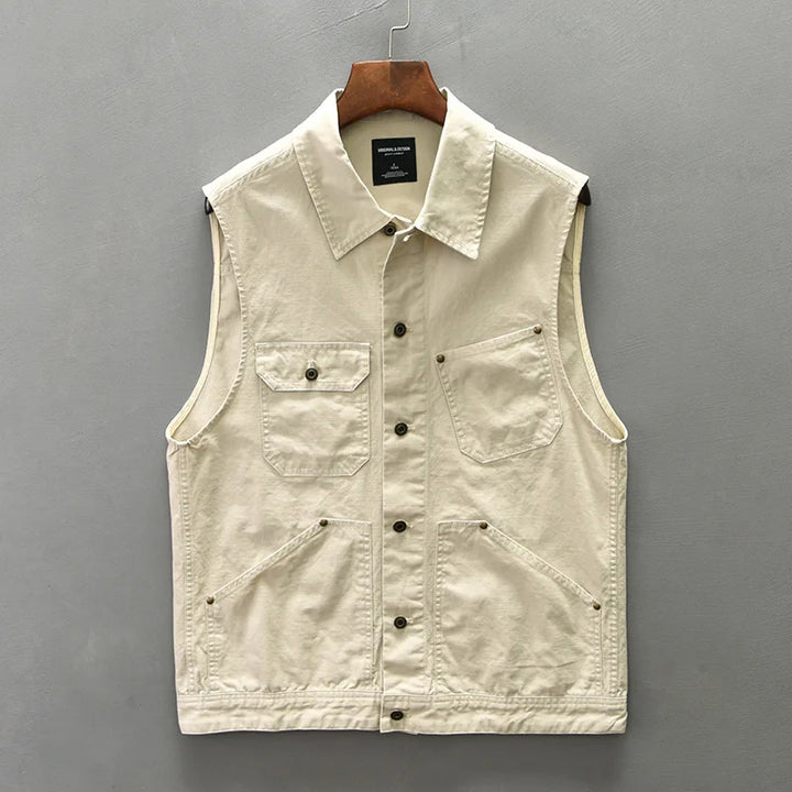 Army green heavyweight cotton vest for men, workwear style, ideal layering piece, side view