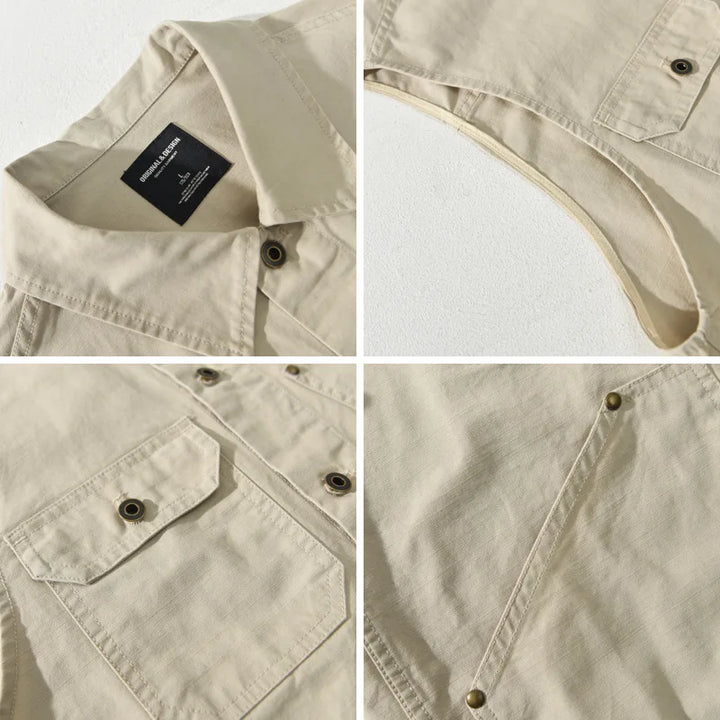 Close-up of a men's cotton workwear vest in apricot, showcasing fabric texture and stitching details